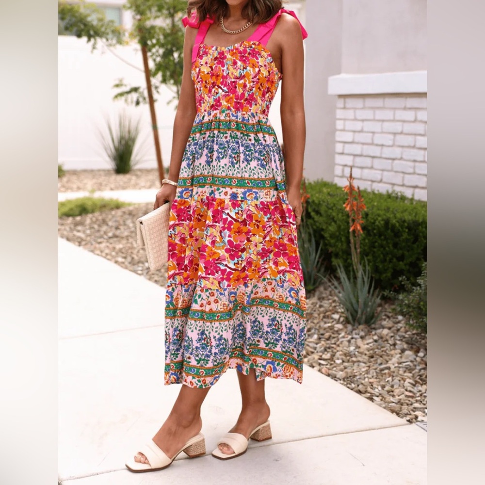 (NWOT) Umgee Tiered Floral Patchwork Pink and Orange Midi Sundress 💐 size Med